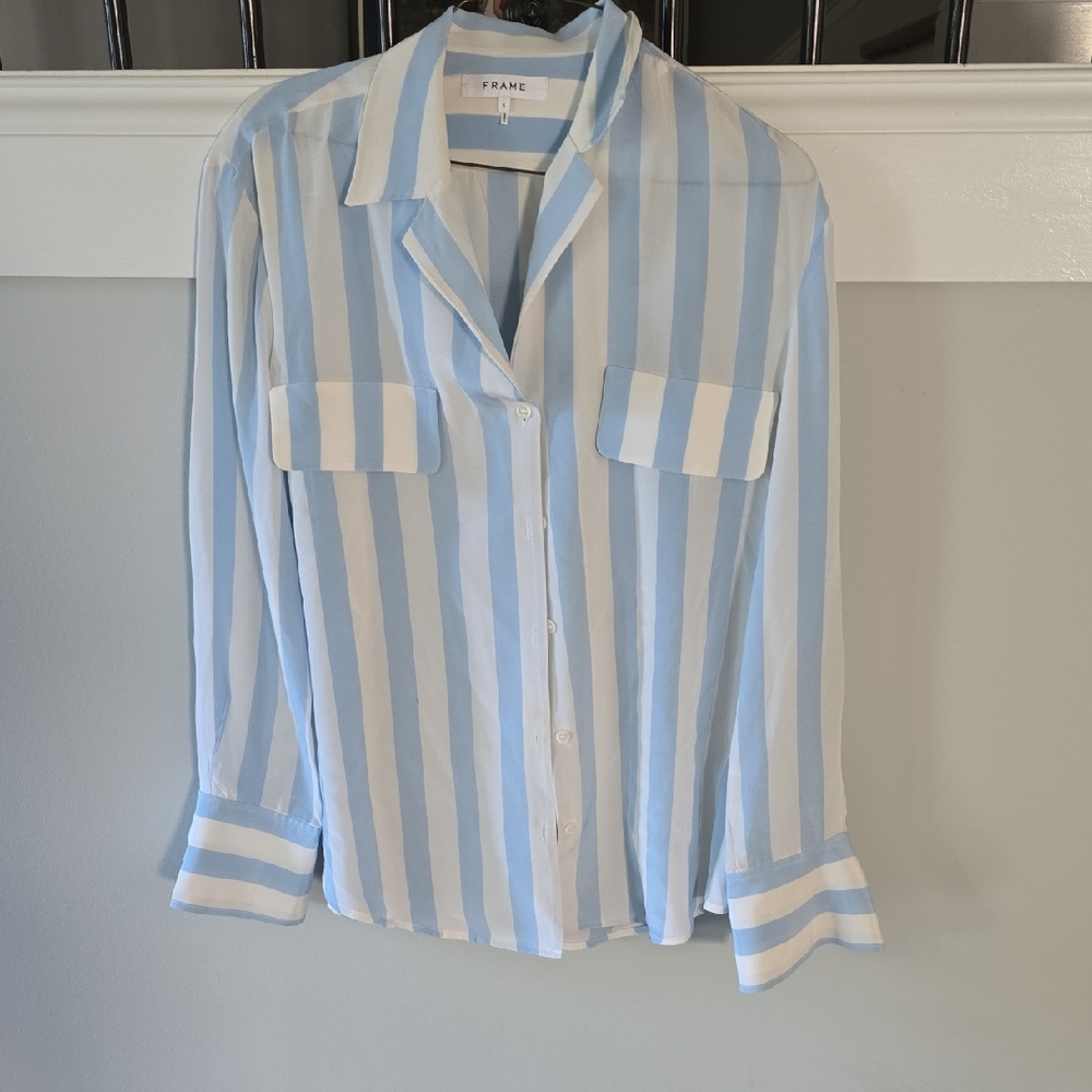 Frame Denim Light Blue and White Striped Shirt sz small
